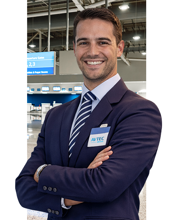 agente de aeroporto satisfeito por atender passageiros em aeroporto